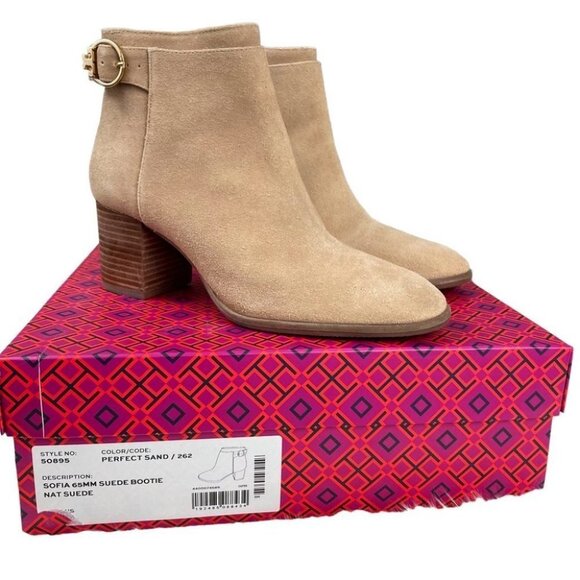 Tory Burch Boots Ankle Tan NWT Sofia Fall Leather Suede Winter Heel Sz 7 - Picture 1 of 8